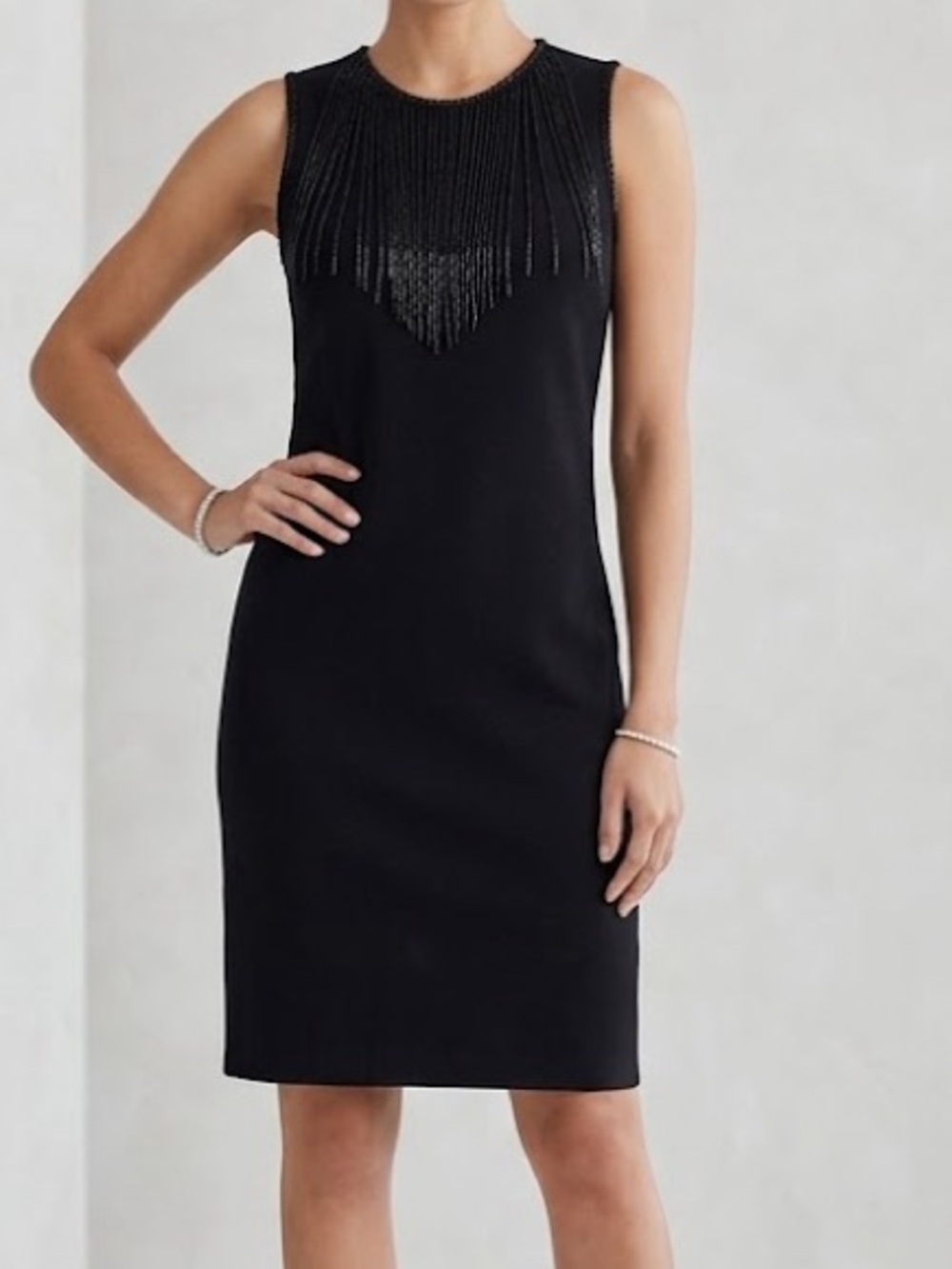 Beaded fringe key hole back sleeveless black Christmas holiday dress